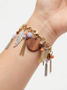 Gold Tone Charm Bracelet with Wood, Lavender and Coral Accents